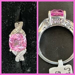 Sterling Silver “Mom” ring with Pink Princess Cut Stone - Size 9